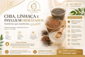 Chia, linhaça e psylium hidratados em recipientes de vidro, destacando seus benefícios para o intestino, emagrecimento e controle da glicemia. Dra. Cinthya Brito nutricionista na Zona Norte de São Paulo